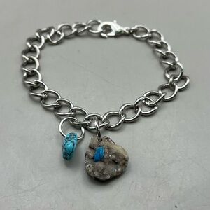 Unique Silver Tone Chain Bracelet with Authentic Cavansite  and Turquoise nugget